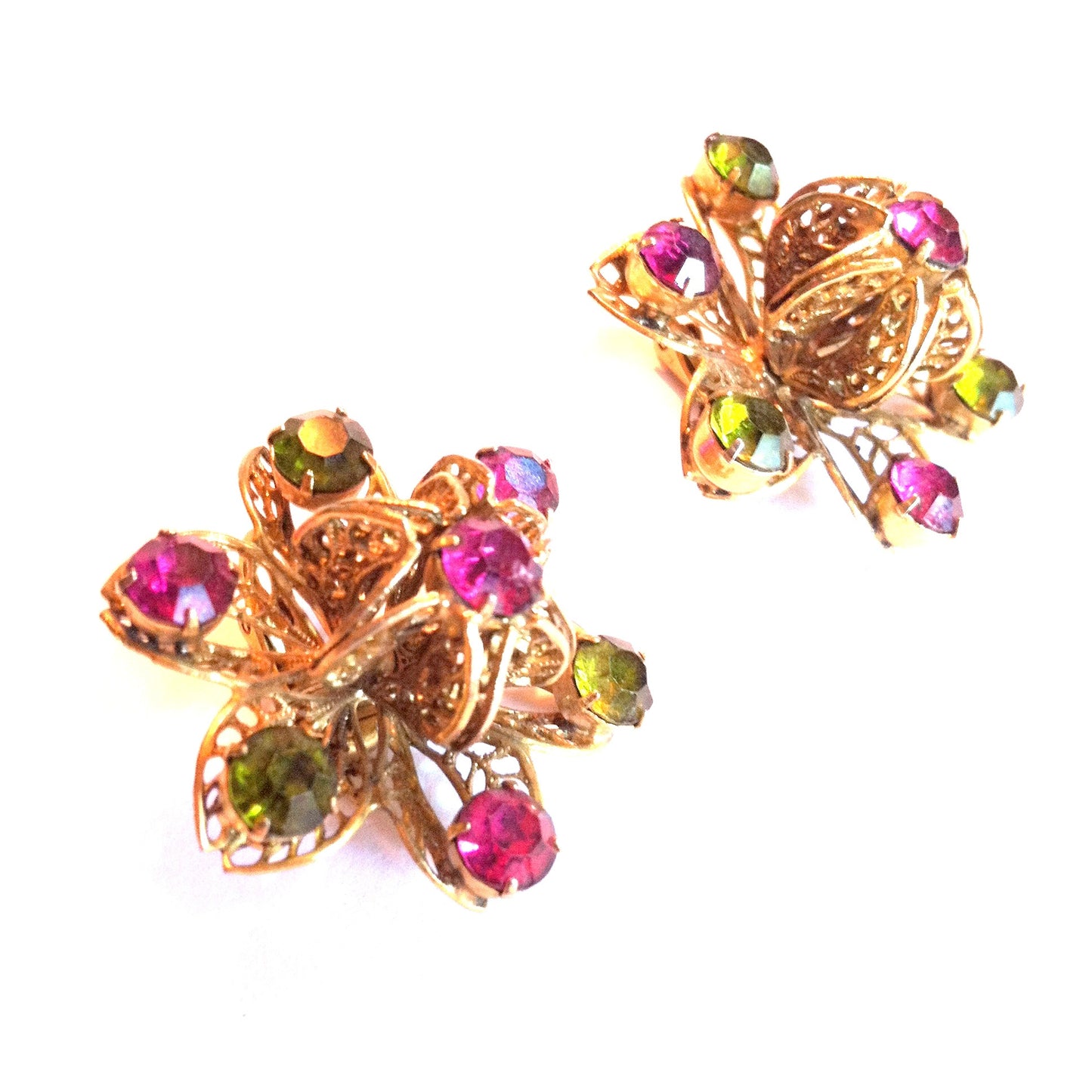 Large 3-D Filigree Flower Clip Earrings w/ Purple Rhinestones circa 1960s Dorothea's Closet Vintage Jewelry
