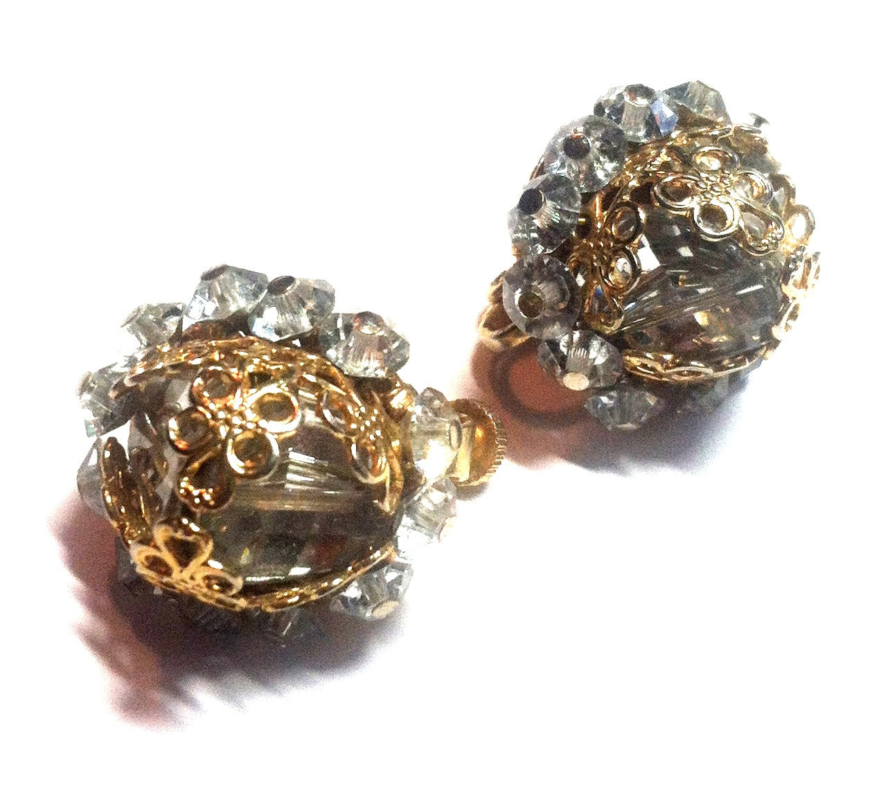 Soft Grey Crystal and Rhinestone Filigree Wrapped Clip Earrings circa 1960s Vendome