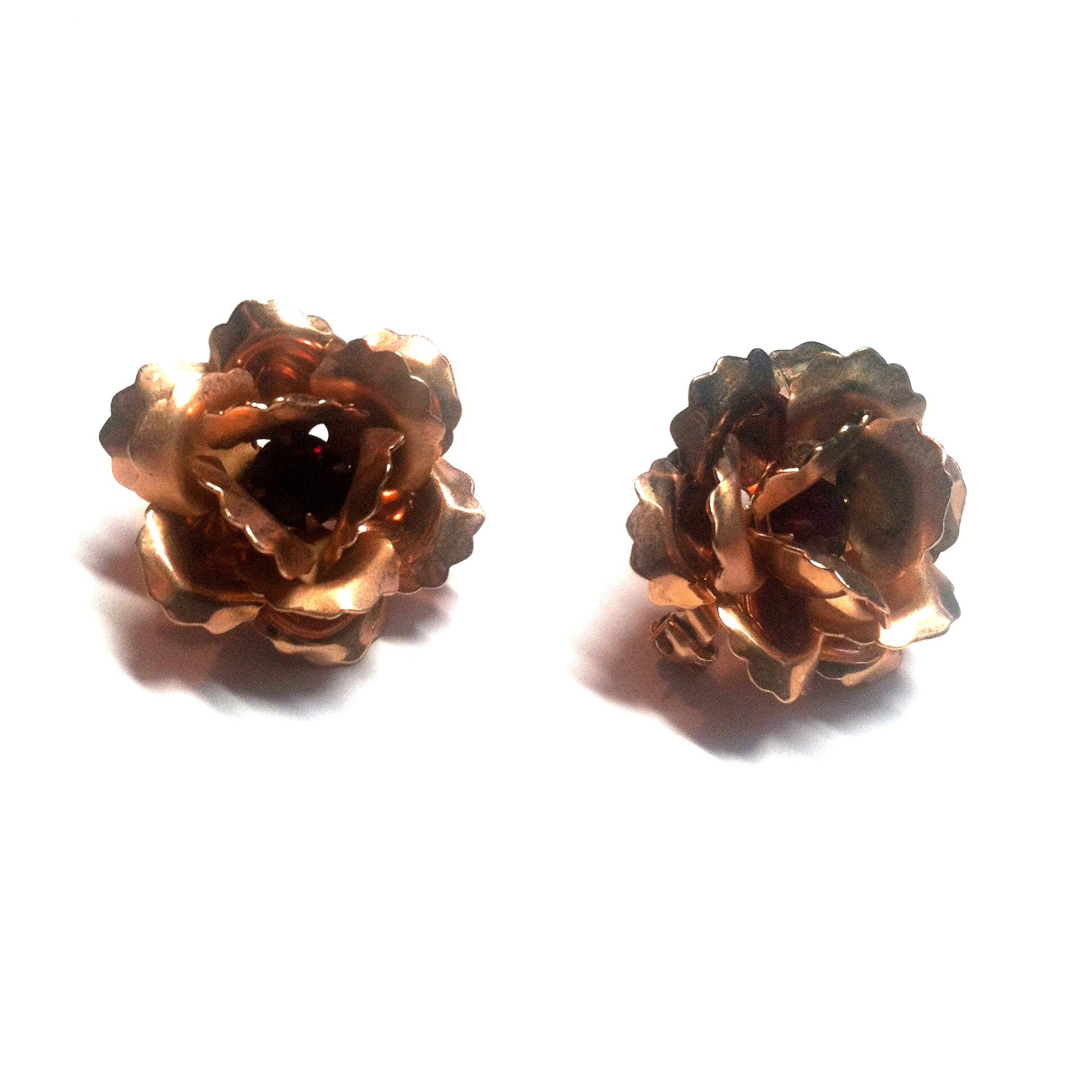 Copper Sculpted Rose Pair of Brooches w/ Red Rhinestones circa 1940s Dorothea's Closet Vintage Jewelry