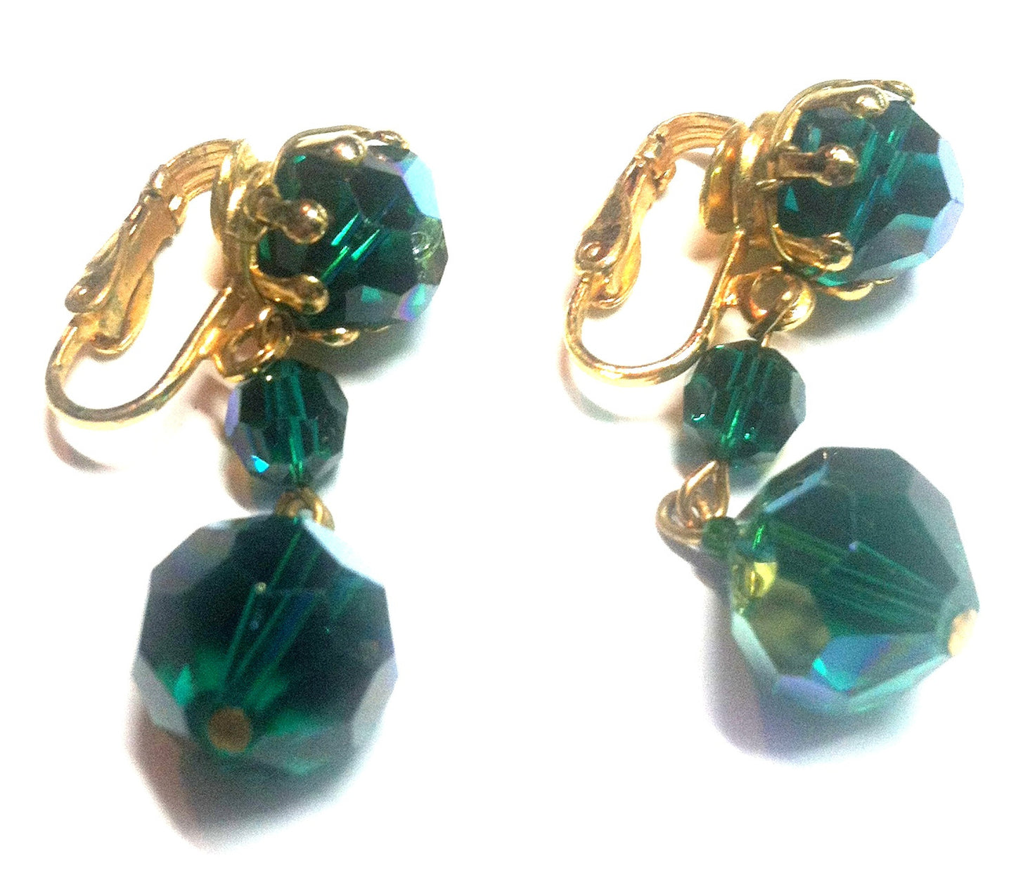 Iridescent Green Glass Beaded Dangle Earrings circa 1960s Dorothea's Closet Vintage Jewelry 