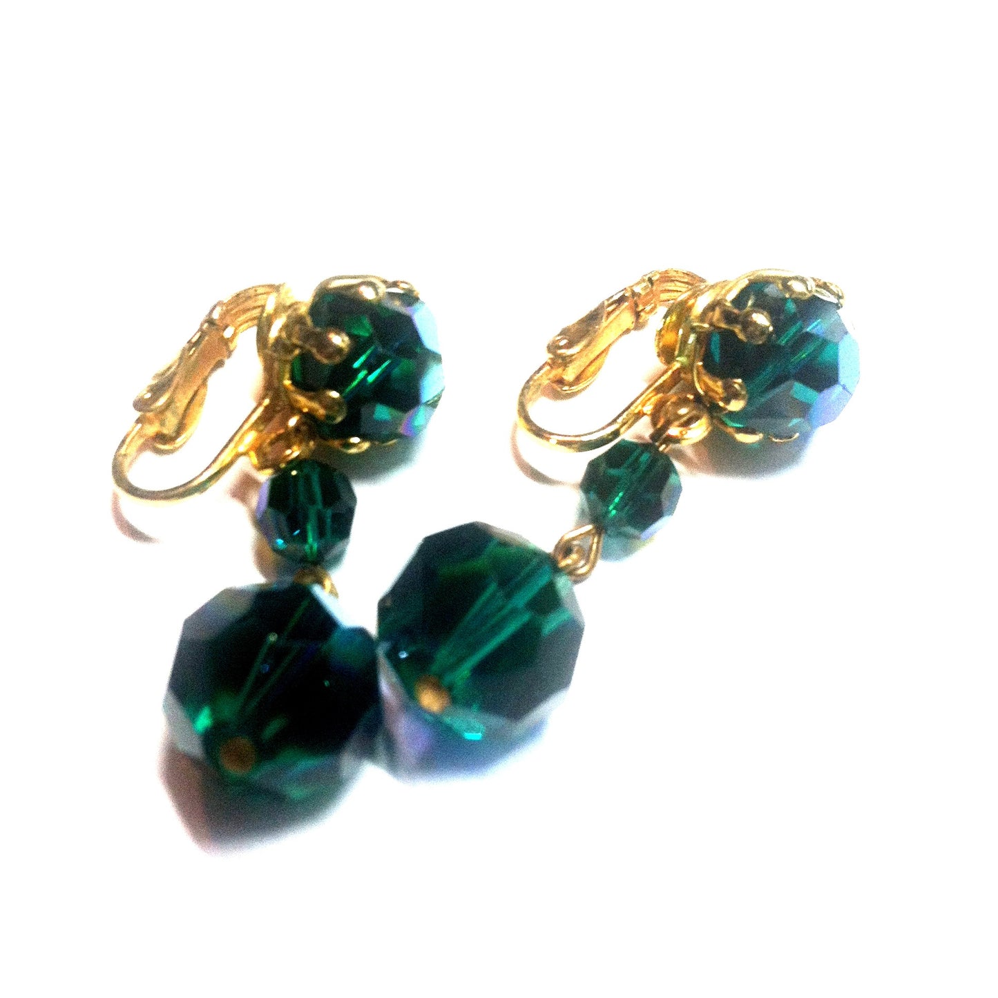 Iridescent Green Glass Beaded Dangle Earrings circa 1960s