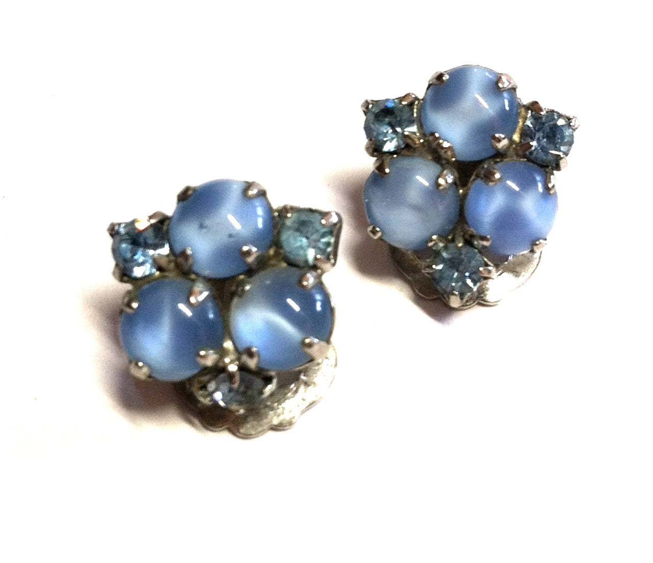 Sweet Baby Blue Bead and Rhinestone Clip Earrings circa 1950s