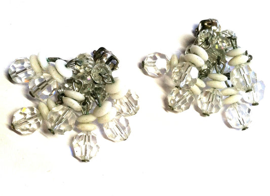 Crystal and Bead Waterfall Dangle Clip Earrings circa 1960s