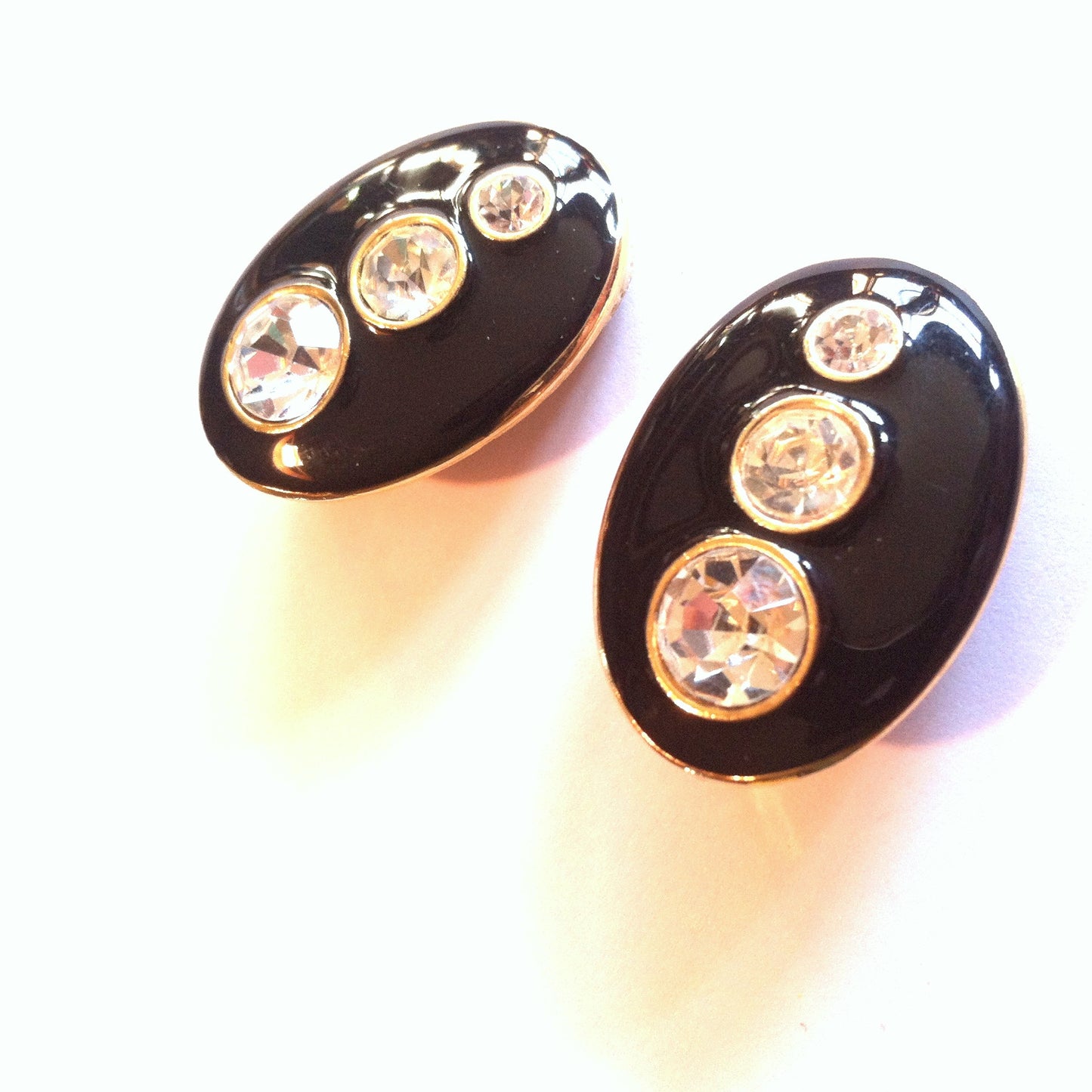 Modern Black Enameled Rhinestone Clip Earrings circa 1980s