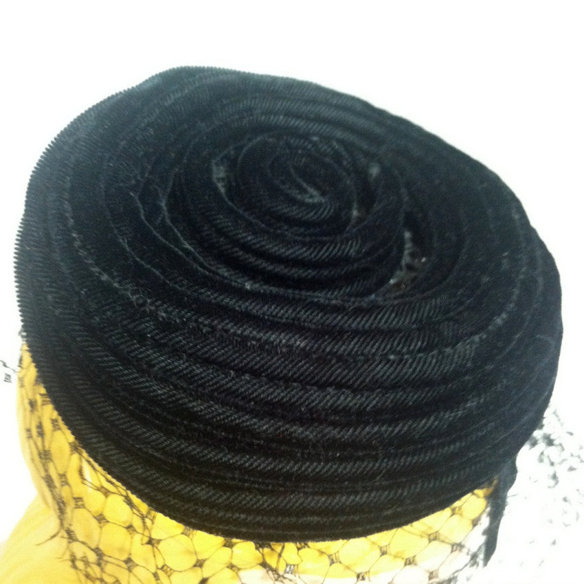 Spiral Swirl Black Velvet Cocktail Hat w/ Veil and Appliques circa 1960s