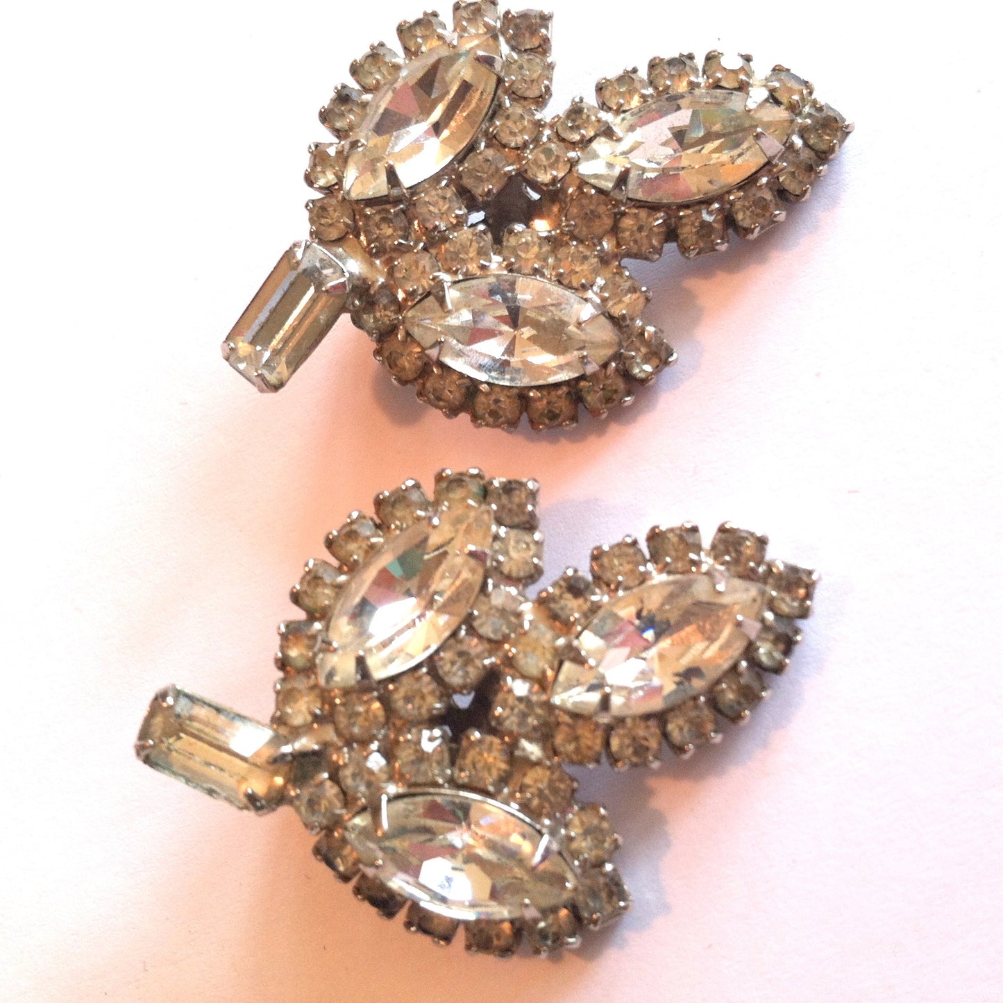 Bright Sparkling Large Leaf Shaped Rhinestone Clip Earrings circa 1950s
