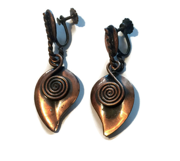 Moderne Coil and Leaf Copper Dangle Clip Earrings circa 1940s