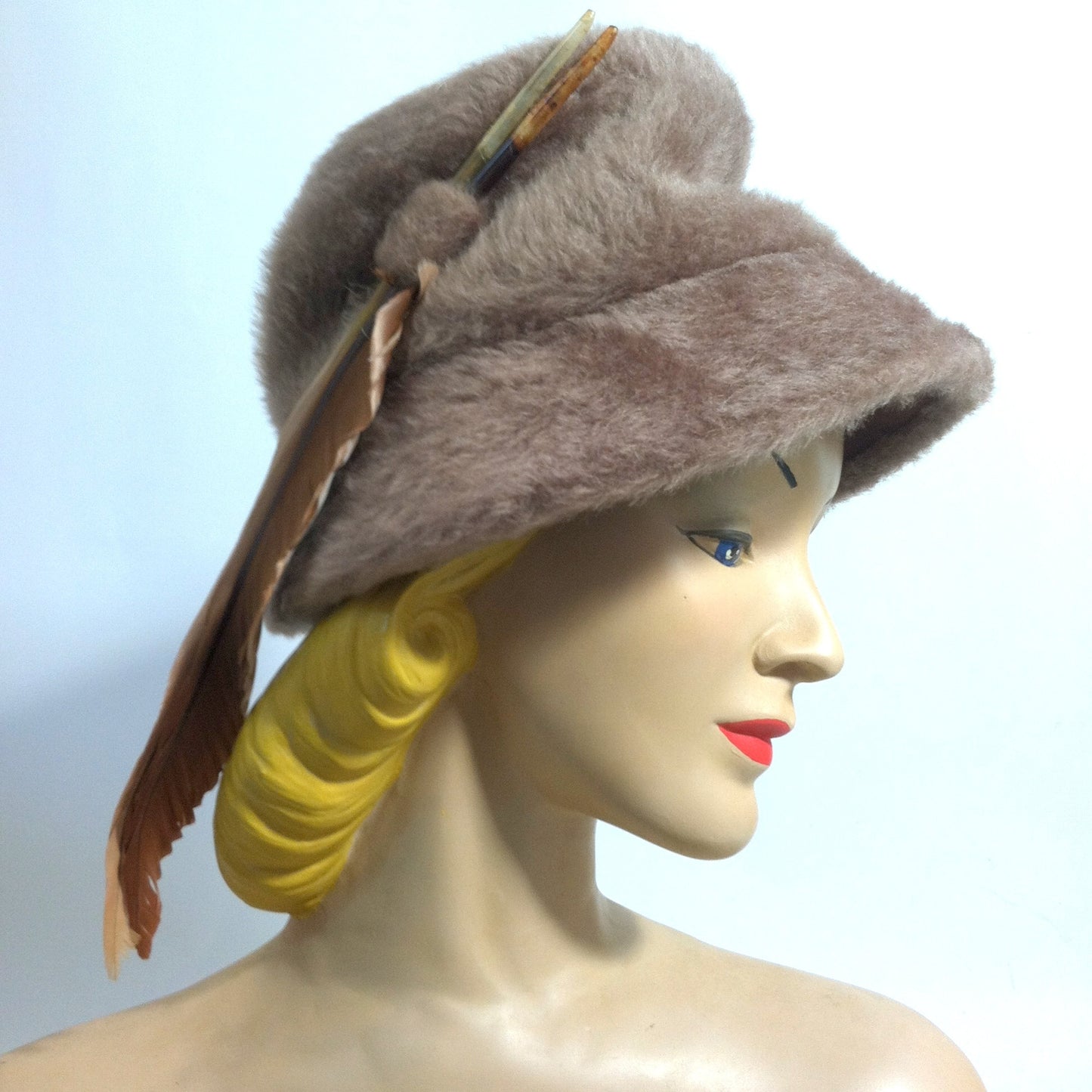 Mocha Felted Faux Fur Bucket Hat w/ Plume circa 1960s Dorothea's Closet Vintage Hat