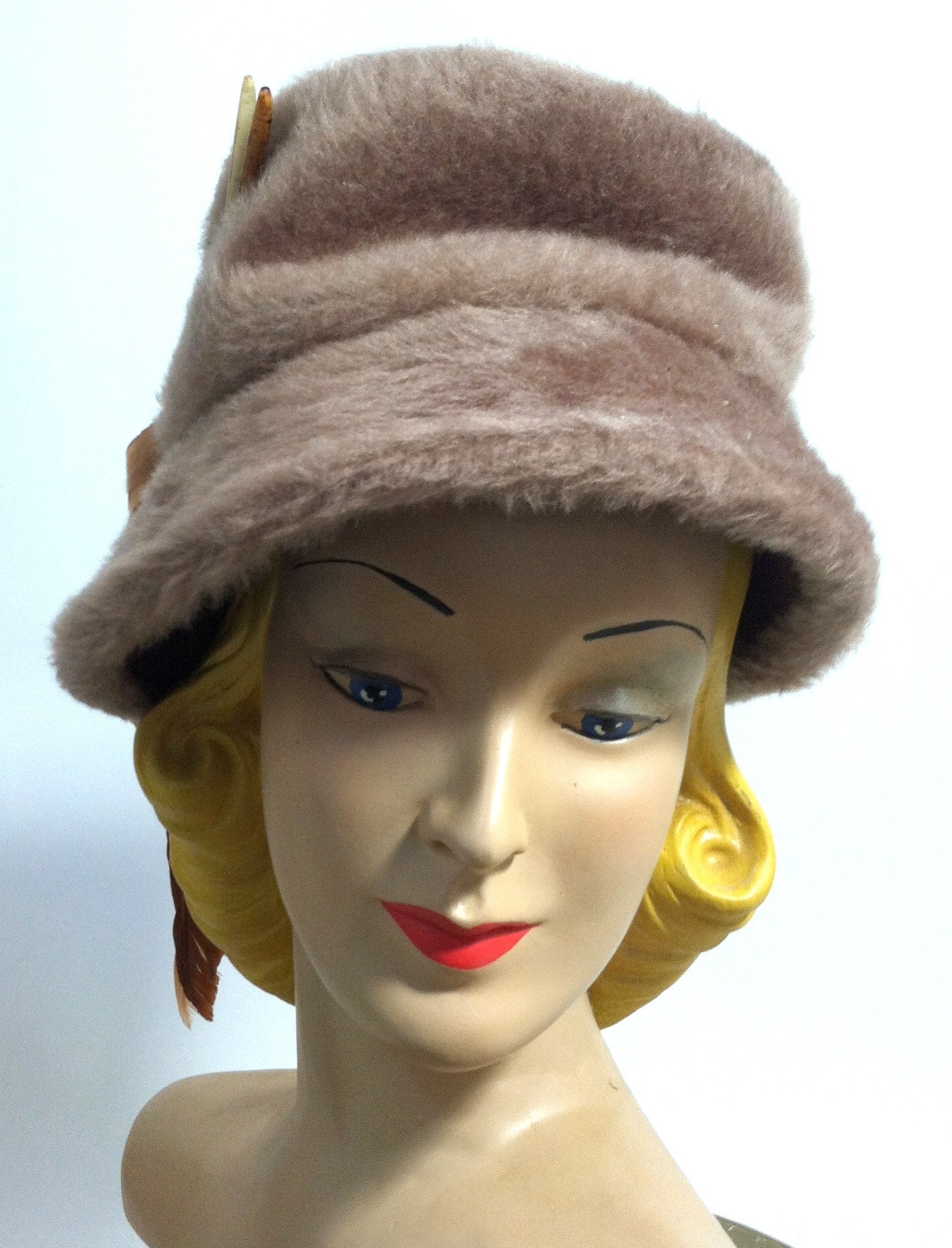 Mocha Felted Faux Fur Bucket Hat w/ Plume circa 1960s