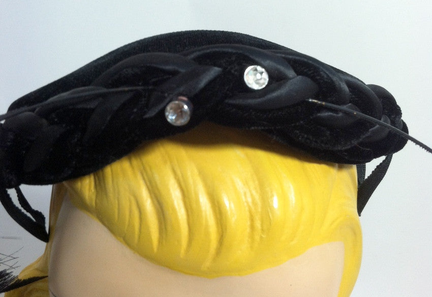 Rhinestone Trimmed Black Velvet and Satin Cocktail Hat w/ Feather circa 1950s