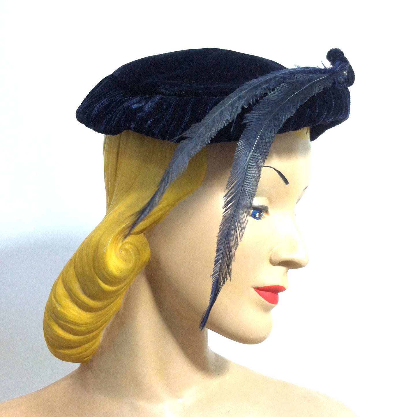 Sapphire Blue Velvet Cocktail Hat with Feather and Rhinestones circa 1950s