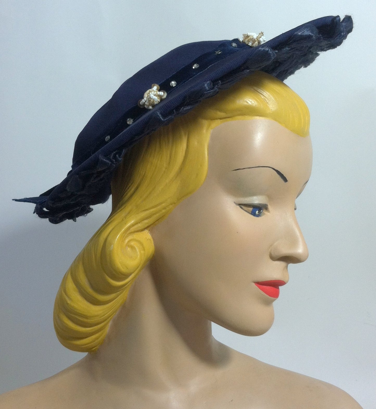 Glamorous Blue Beaded Wide Brim Hat w/ Sisal Loops circa 1940s