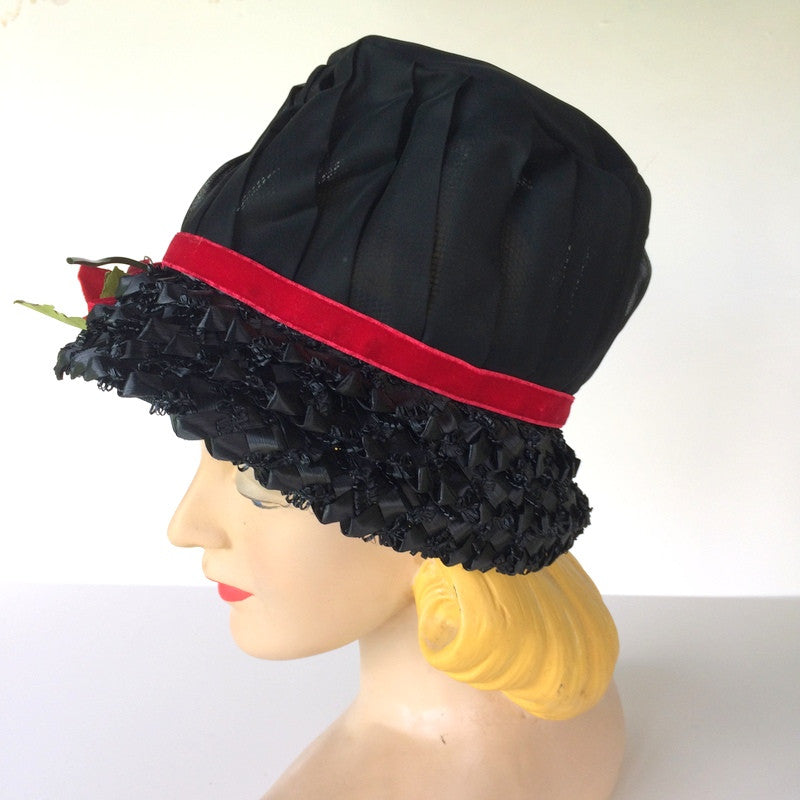 Sheer Saucy Black Sheer Chiffon Bucket Hat w/ Red Rose and Velvet circa 1960s