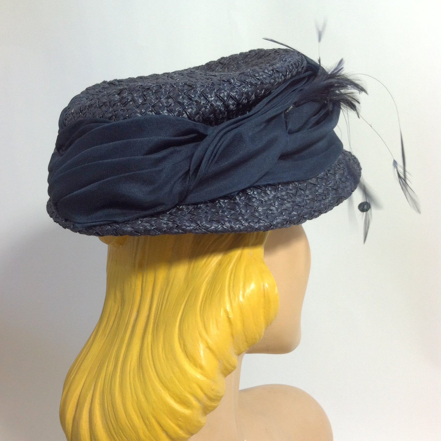Night Sky Blue Sisal Hat w/ Silk Band, Sequins and Feathers circa 1940s