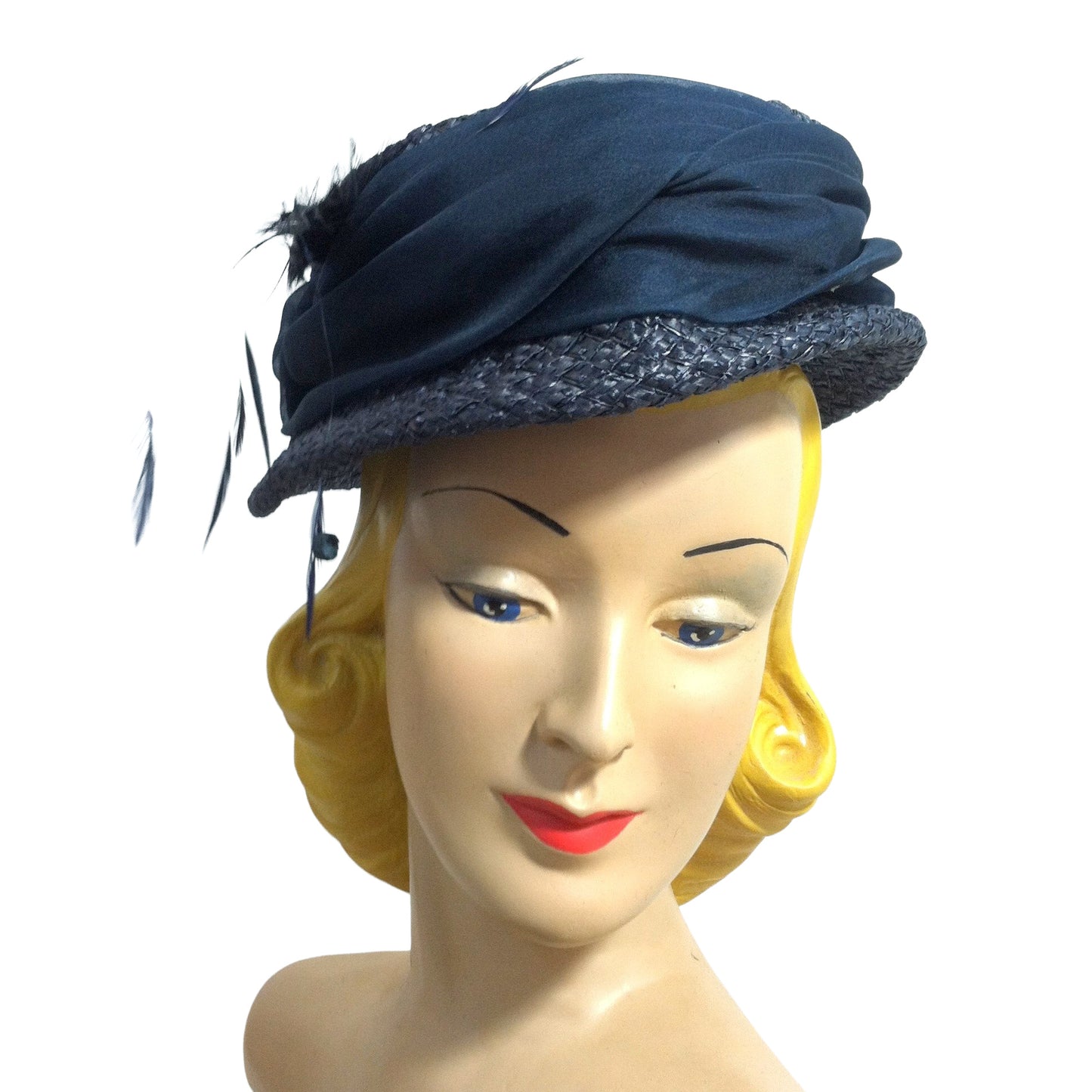 Night Sky Blue Sisal Hat w/ Silk Band, Sequins and Feathers circa 1940s