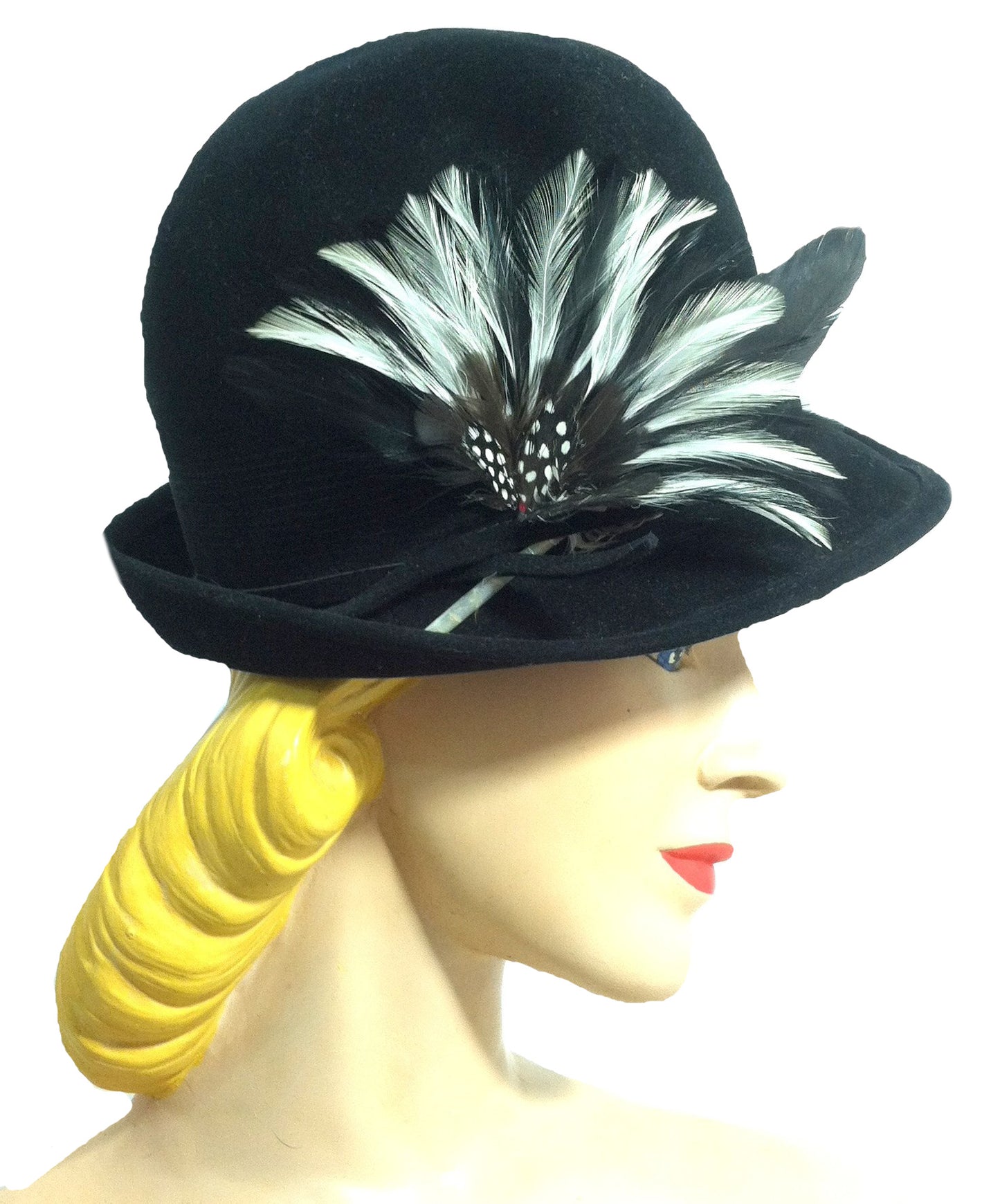 Tall Crown Black Velvet Bowler Style Tilt Hat w/ Feathers circa 1940s
