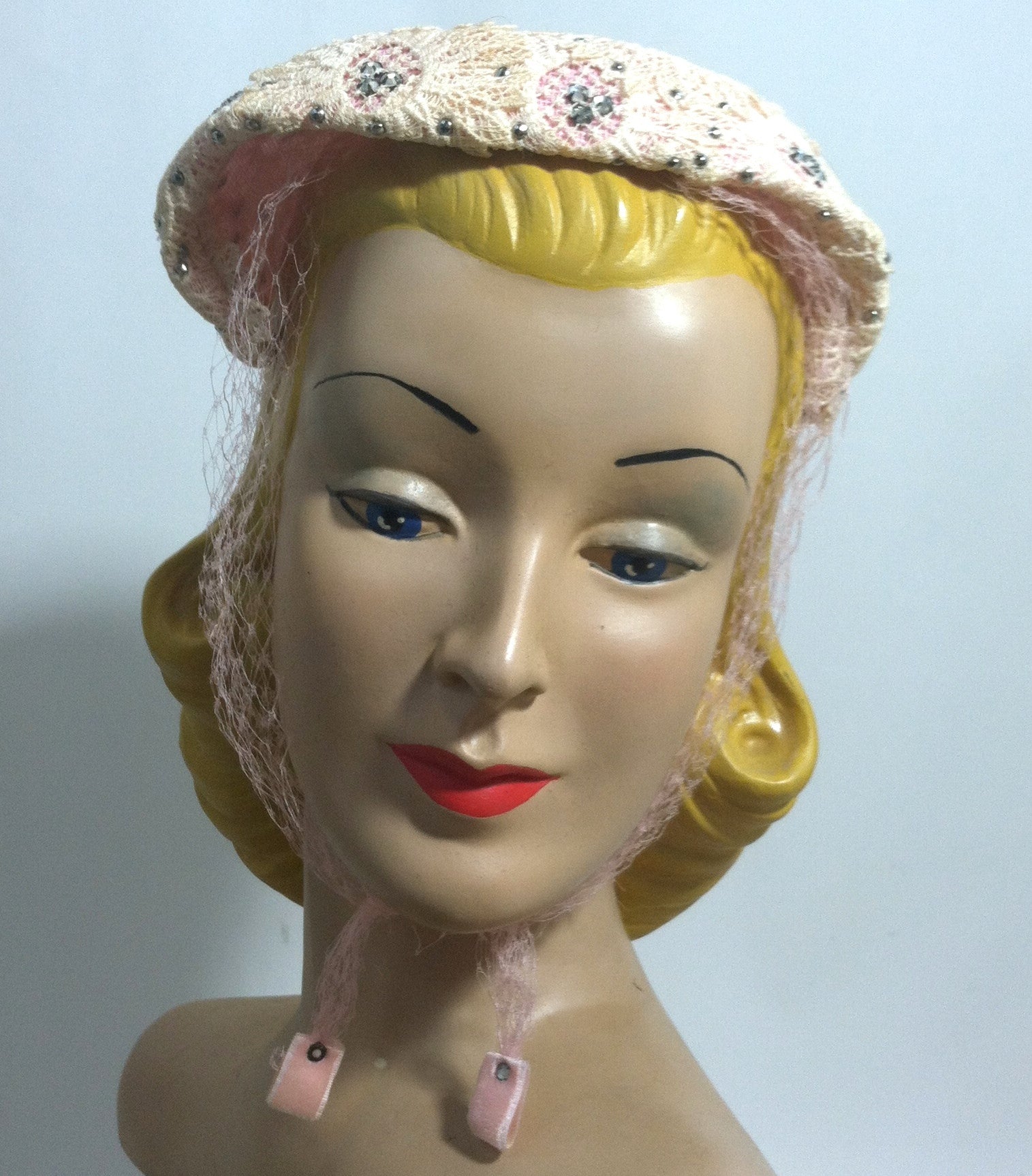 Pink Lace Rhinestone Trimmed Hat w/ Veil circa 1950s Dorothea's Closet Vintage Hat