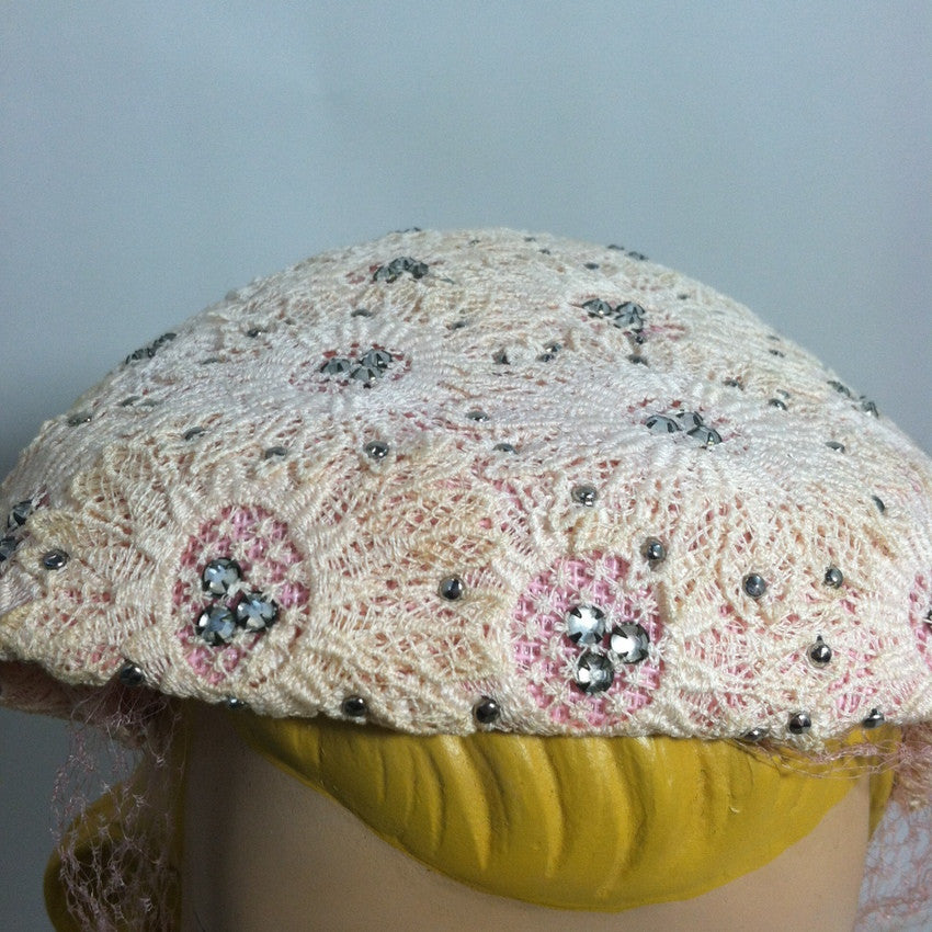 Pink Lace Rhinestone Trimmed Hat w/ Veil circa 1950s