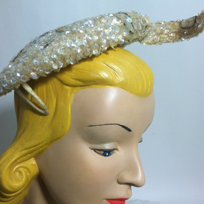 Winged Iridescent Sequin Clip On Cocktail Hat circa 1950s