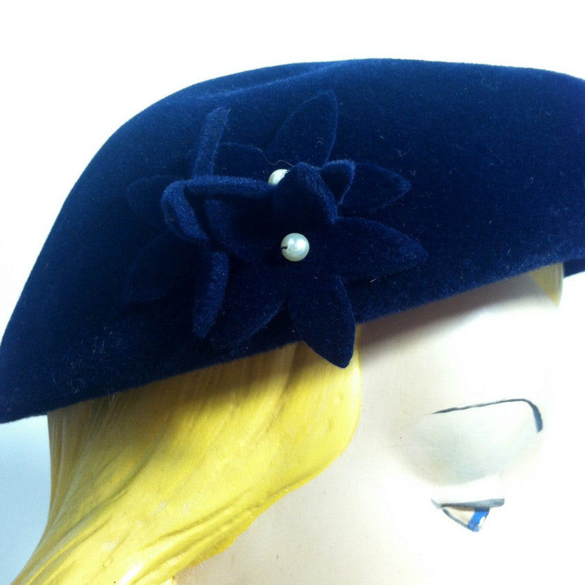 Sapphire Blue Felted Wool Hat w/  3-D Flowers and Faux Pearls circa 1940s