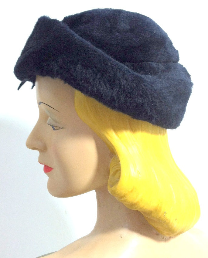 Midnight Blue Felted Fur Slouch Hat w/ Carnival Glass Beads circa 1960s