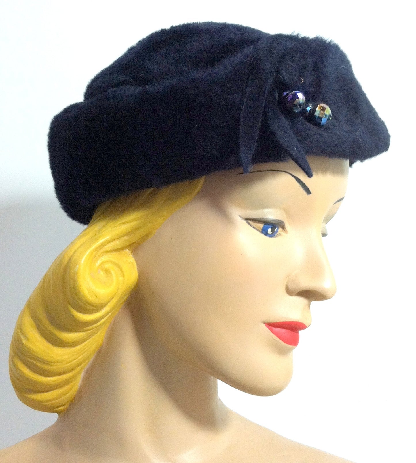 Midnight Blue Felted Fur Slouch Hat w/ Carnival Glass Beads circa 1960s Dorothea's Closet Vintage Hat