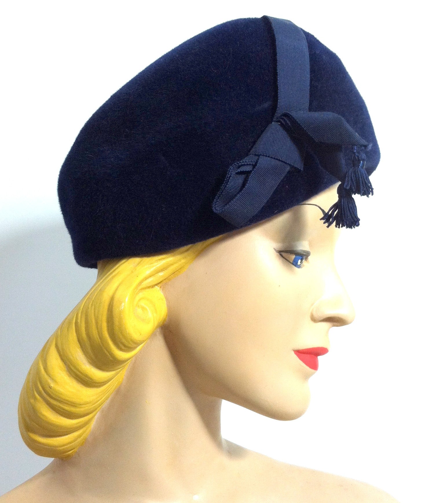 Rounded L'Heuere Bleue Rounded Velvet Hat with Ribbon and Tassel circa 1960s Dorothea's Closet Vintage Hat