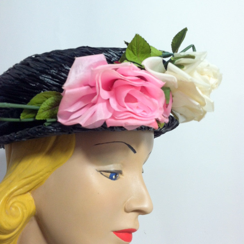 Pretty Perky Pink Rose Trimmed Deep Blue Sisal Narrow Brim Hat circa 1950s