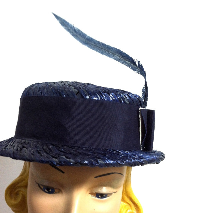 Blue Sisal Straight Brim Hat w/ Narrow Plume circa 1960s