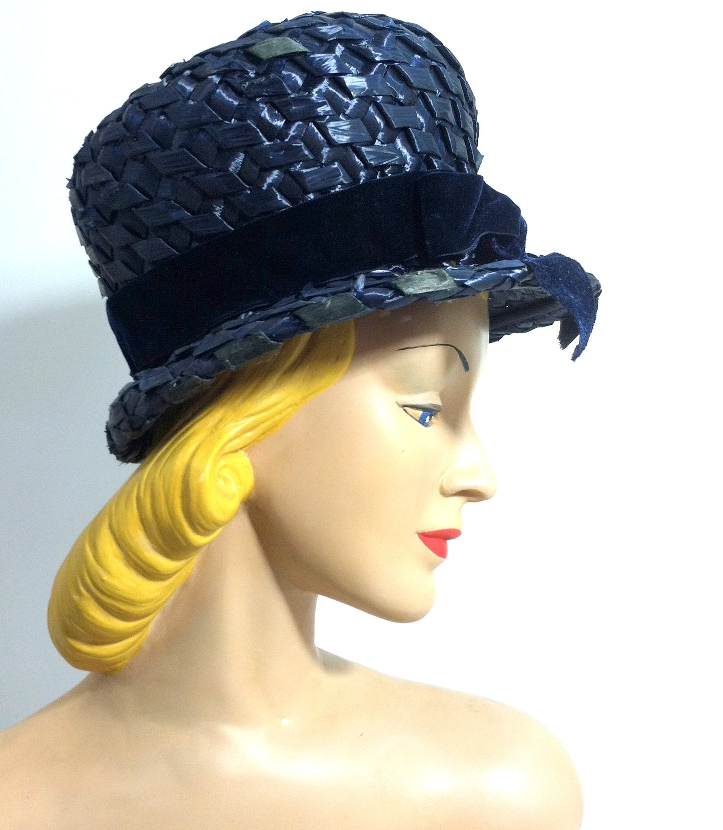 Big Glossy Blue Sisal Bubble Hat w/ Velvet Bow circa 1960s