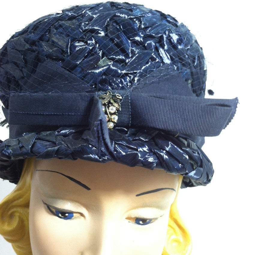 Rhinestone Trimmed Blue Glossy Sisal Hat circa 1960s