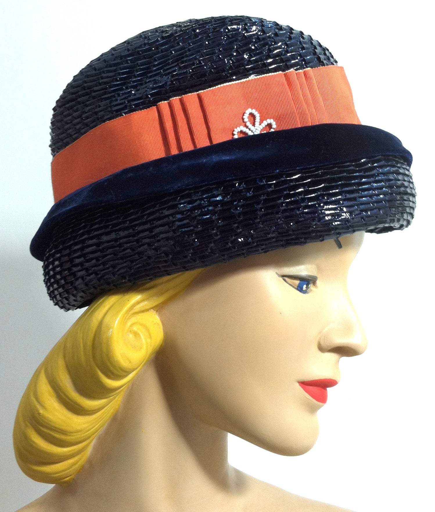 Orange Ribbon Trimmed Elegantly Mod Glossy Blue Sisal Hat w/ Beads circa 1960s Dorothea's Closet Vintage Hat