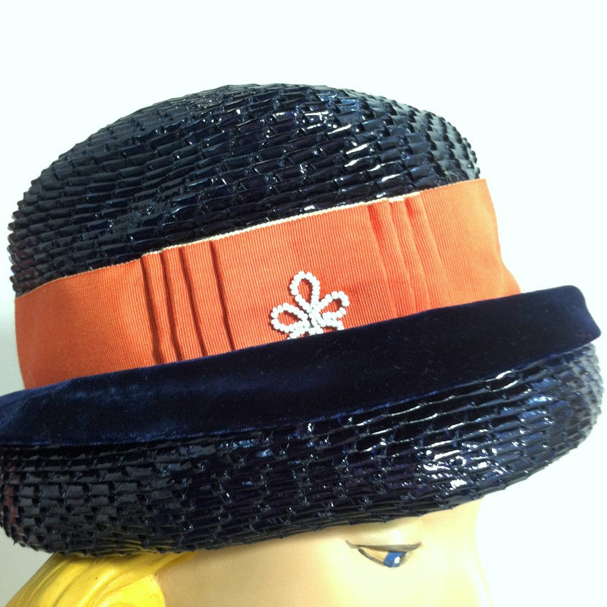 Orange Ribbon Trimmed Elegantly Mod Glossy Blue Sisal Hat w/ Beads circa 1960s