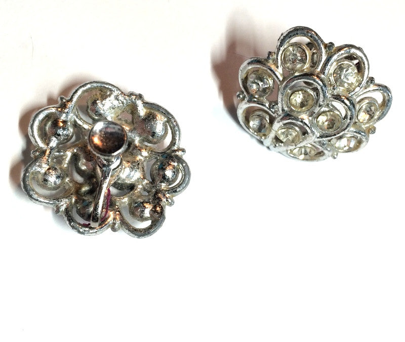 Silvery Scalloped Rhinestone Clip Earrings circa 1960s