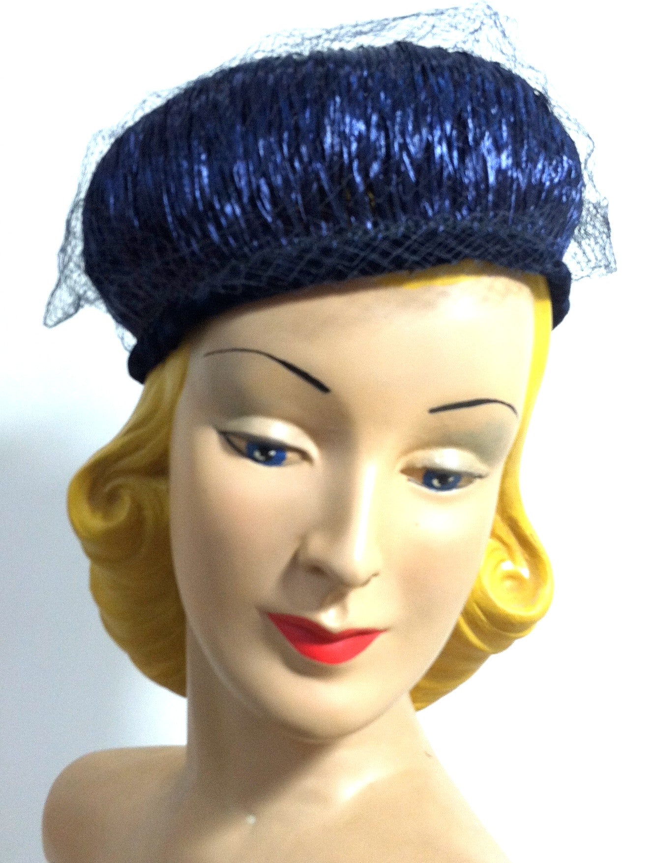 Glossy Raffia Wrapped Blue Veil Topped Hat circa 1960s Dorothea's Closet Vintage Hat 