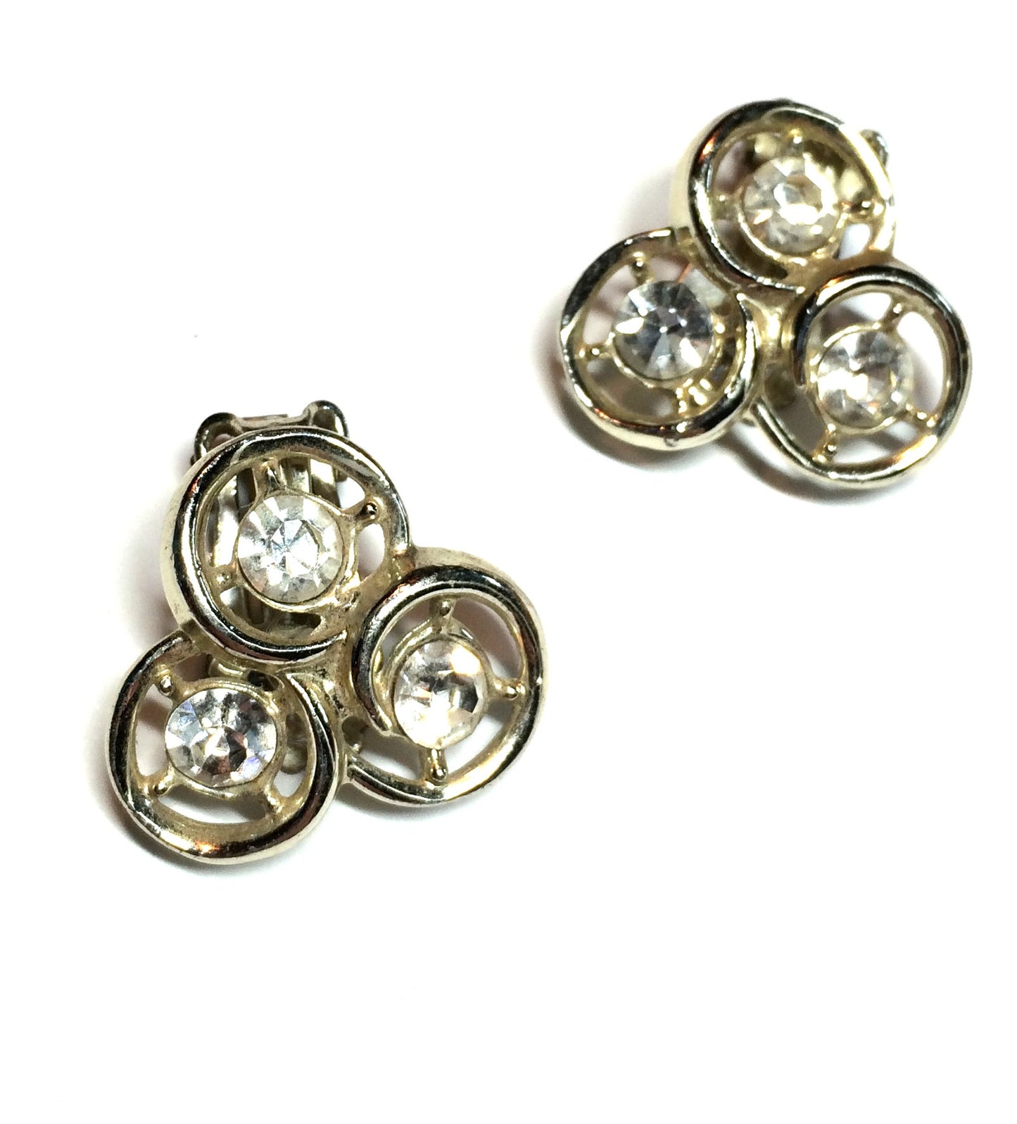 Three Ring Rhinestone Clip Earrings circa 1960s