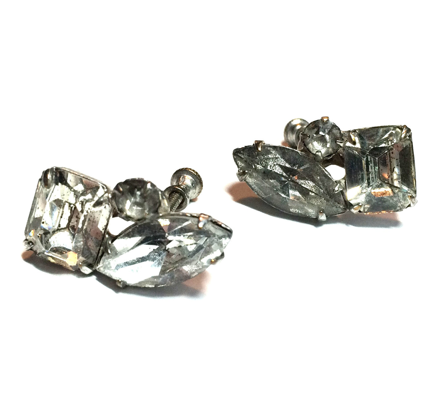 Triple Rhinestone Silver-Toned Metal Clip Earrings circa 1950s