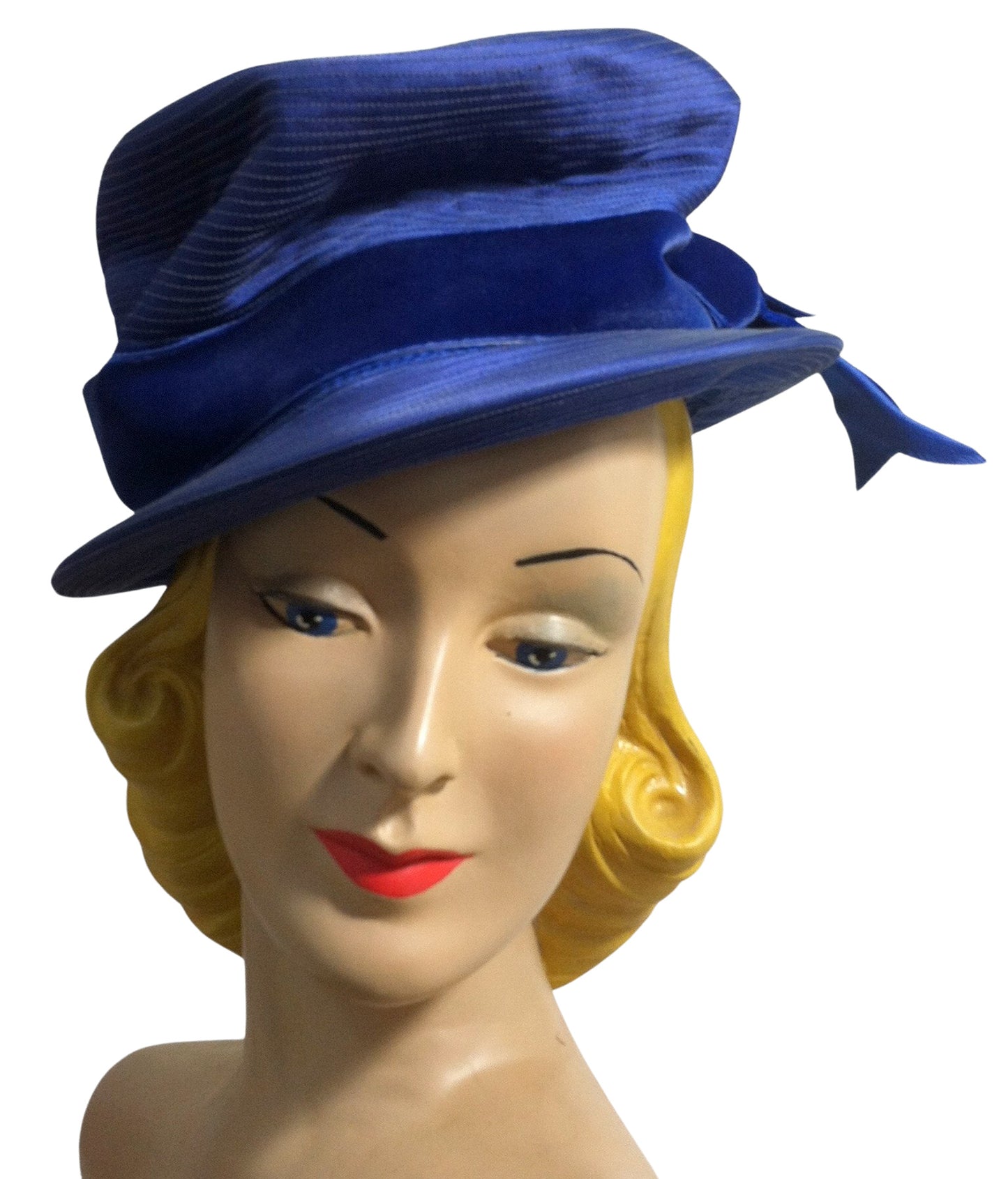 Vivid Blue Deco Seamed Satin Hat w/ Velvet Ribbon circa 1940s
