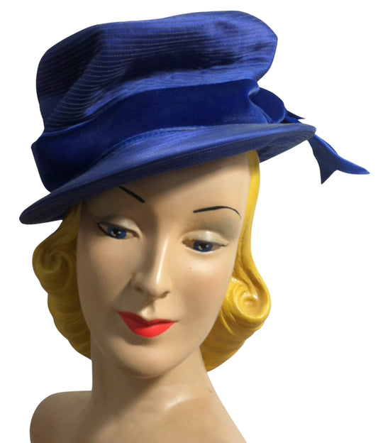 Vivid Blue Deco Seamed Satin Hat w/ Velvet Ribbon circa 1940s