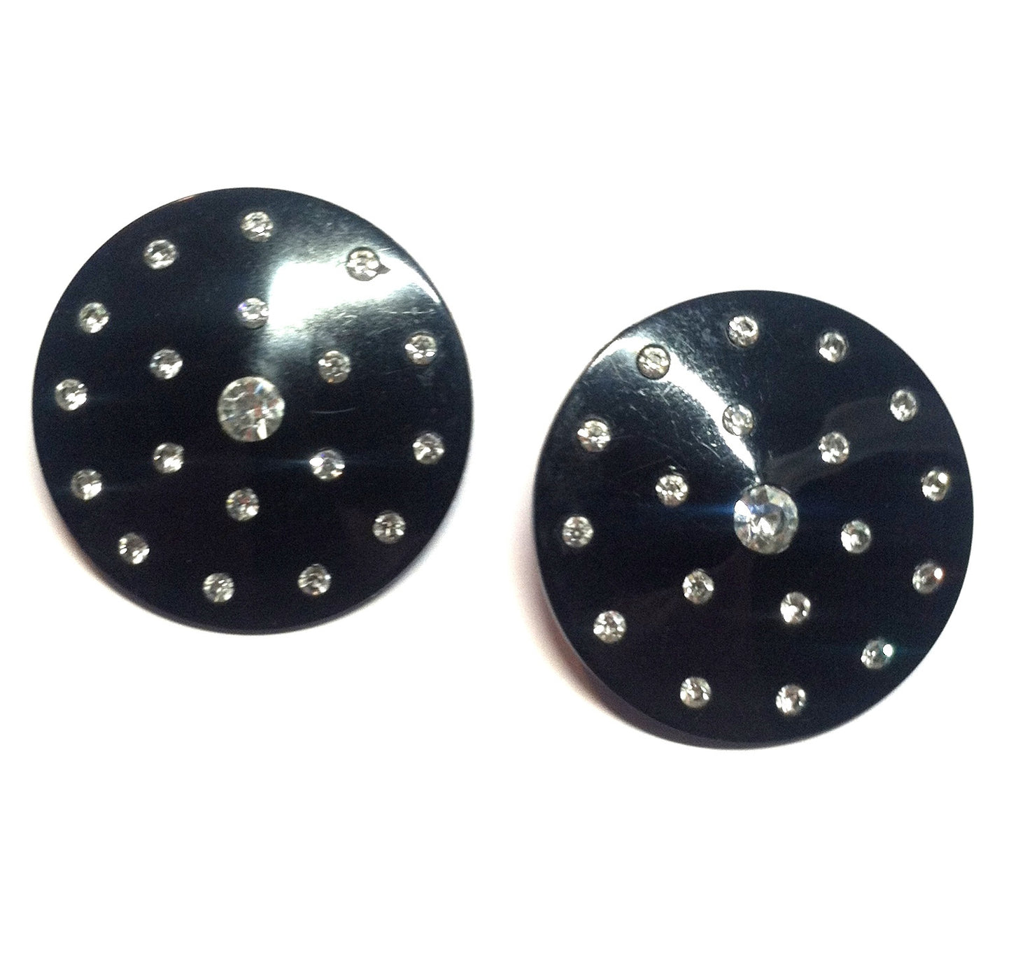 Oversized Black Lucite Concave Disc Clip Earrings w/ Clear Rhinestones circa 1950s