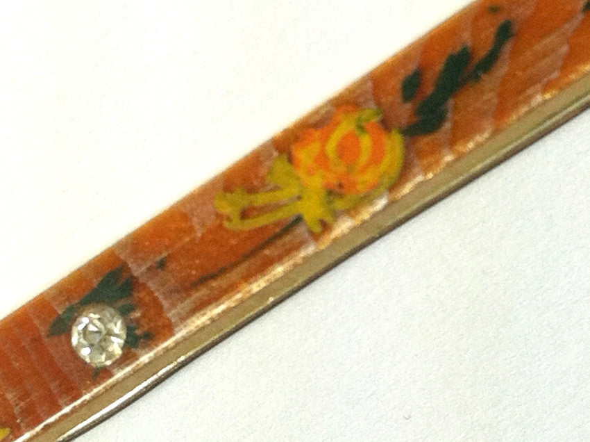 Earthy Flower and Rhinestone Woodgrain Celluloid Sash Pin circa Early 1900s