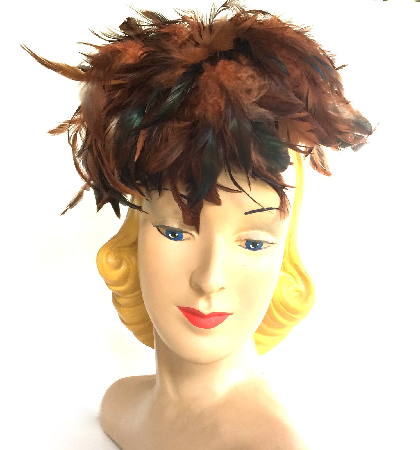 Cinnamon Feather Topped Autumn Tilt Hat circa 1940s