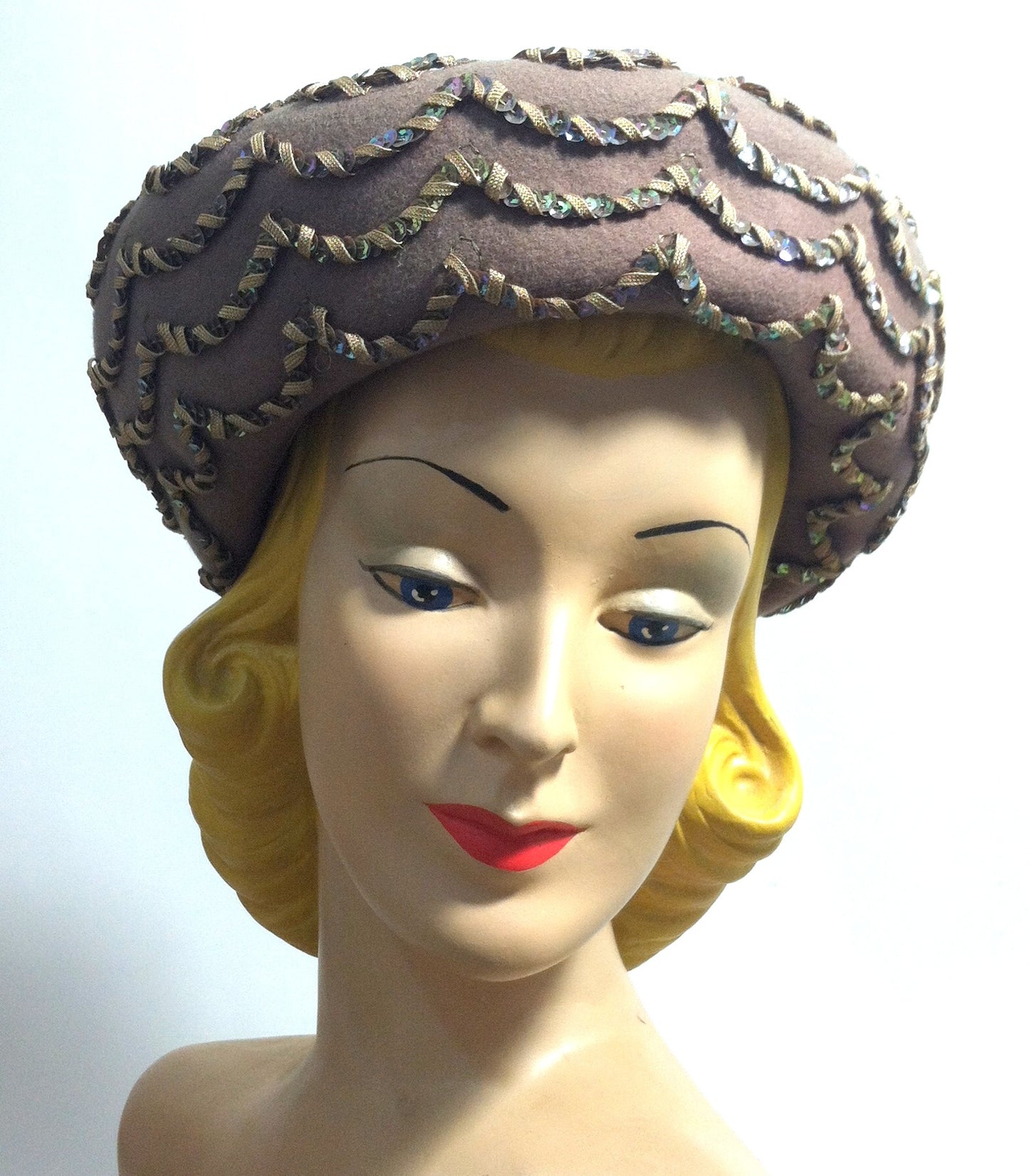Cafe au Lait Felted Wool Rolled Brim Hat w/ Sequins circa 1960s