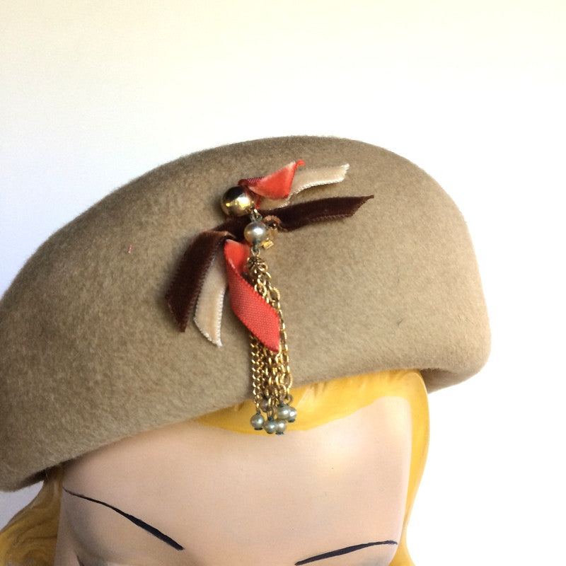 Chain and Velvet Bow Trimmed Domed Camel Colored Hat circa 1960s