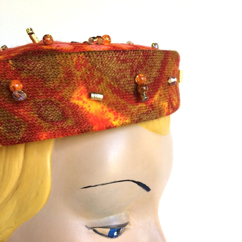 Fiery Orange Print Wool Covered Mini Pill Box Hat w/ Dangling Beads circa 1960s