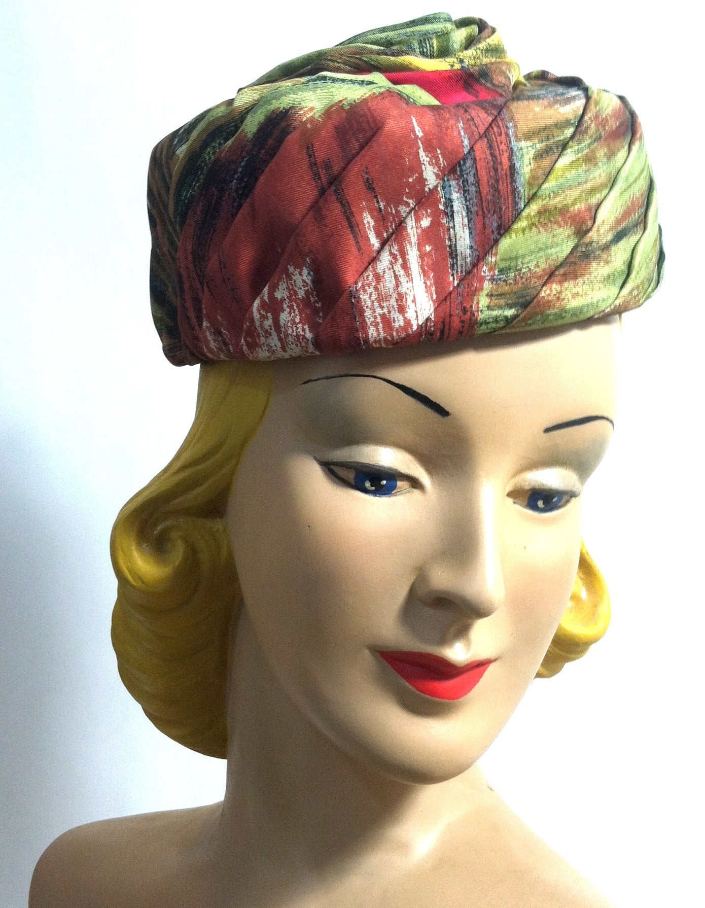 Autumnal Silk Scarf Wrapped Pillbox Hat w/ Stem circa 1960s Hattie Carnegie Dorothea's Closet Vintage Hat