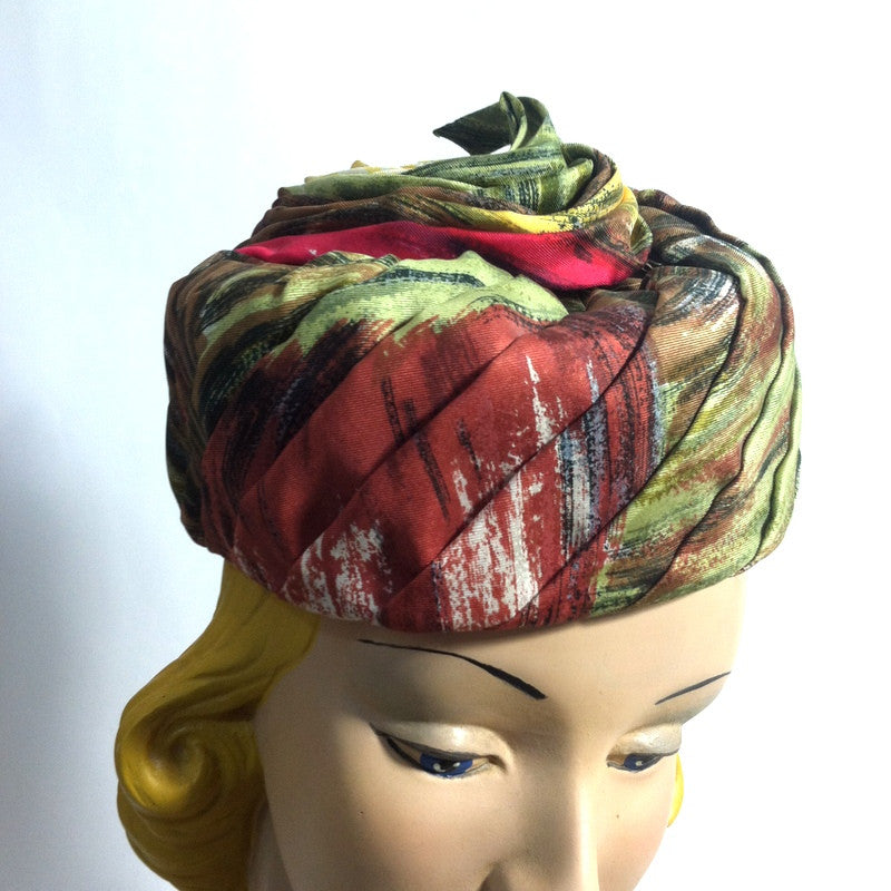 Autumnal Silk Scarf Wrapped Pillbox Hat w/ Stem circa 1960s Hattie Carnegie