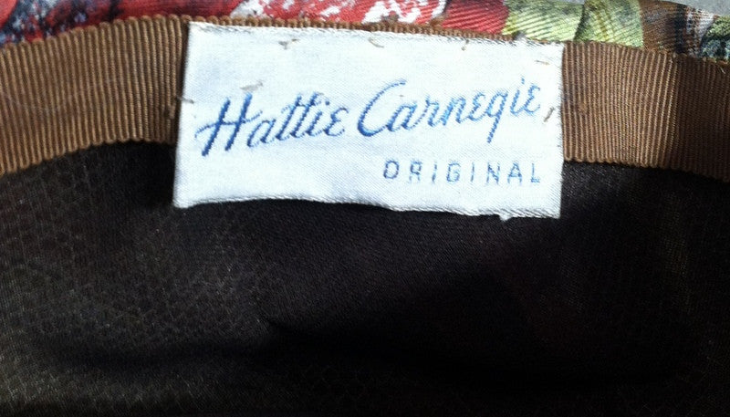 Autumnal Silk Scarf Wrapped Pillbox Hat w/ Stem circa 1960s Hattie Carnegie
