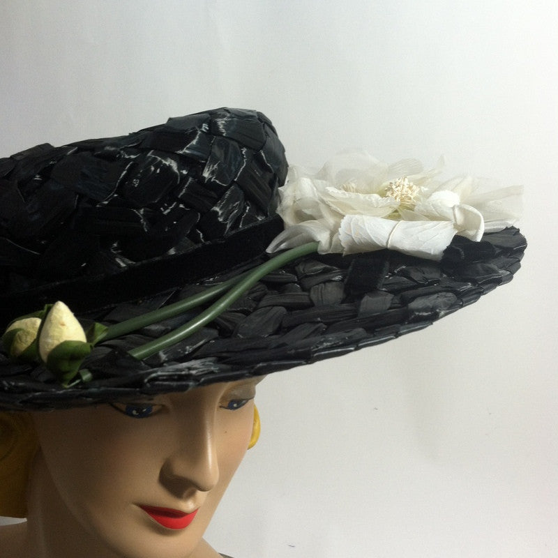 Dramatic Wide Brim Black Cello Hat w/ White Roses circa 1950s