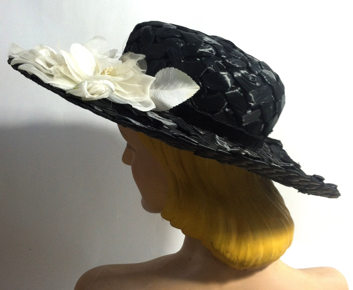 Dramatic Wide Brim Black Cello Hat w/ White Roses circa 1950s Dorothea's Closet Vintage Hat 